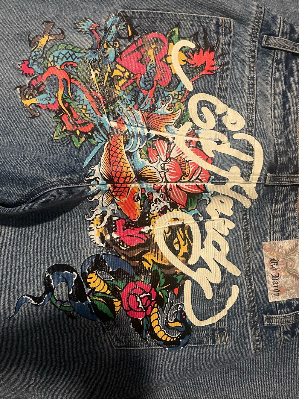 Ed Hardy Men's Denim Jeans with Multicolor Koi & Dragon Artwork